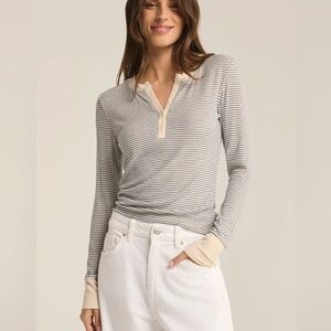 Z Supply Cream and Gray Striped Long Sleeve Henley